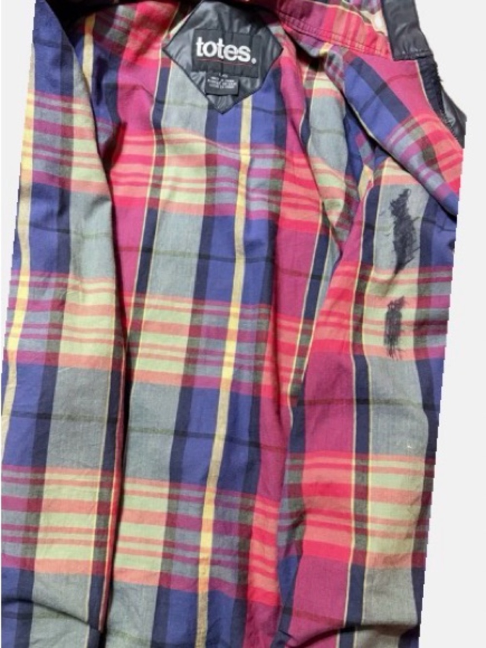 Totes Black Hooded Raincoat with Colorful Plaid Lining - Picture 4 of 4